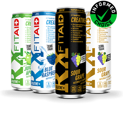 Cans of FITAID RX, FITAID RX Zero, FITAID RX Zero Blue Raspberry, FITAID RX Zero Juicy Apple