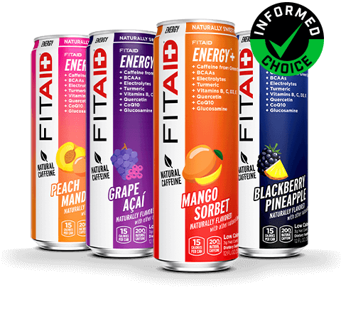 Cans of FITAID Energy Mango Sorbet, FITAID Energy Blackberry Pineapple, FITAID Energy Peach Mandarin, FITAID Energy Raspberry Hibiscus