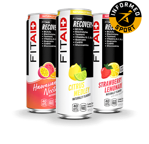 Cans of FITAID Citrus Medley, FITAID Strawberry Lemonade, FITAID Hawaiian Nectar