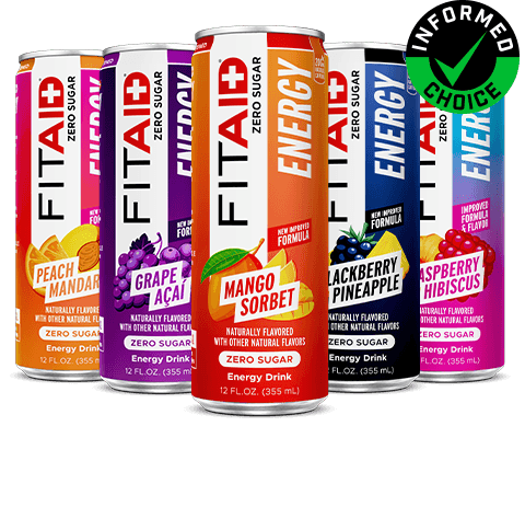 Cans of FITAID Energy Mango Sorbet, FITAID Energy Blackberry Pineapple, FITAID Energy Peach Mandarin, FITAID Energy Raspberry Hibiscus