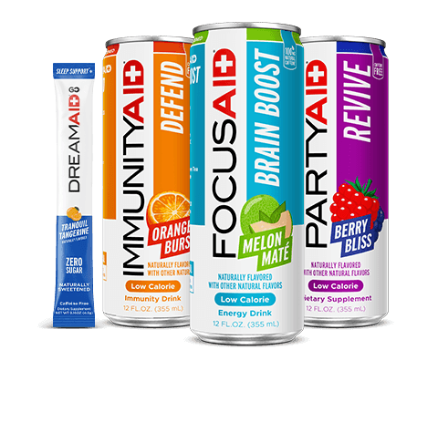 Cans of FOCUSAID, IMMUNITYAID, PARTYAID and DREAMAID Go Powder Packet