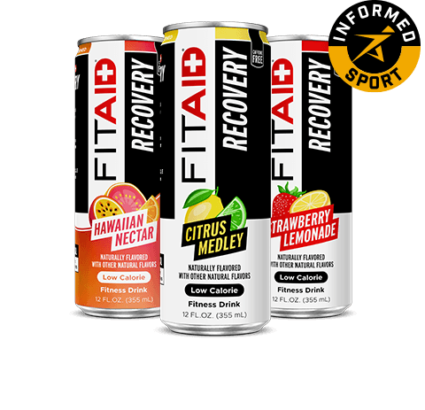 Cans of FITAID Citrus Medley, FITAID Strawberry Lemonade, FITAID Hawaiian Nectar