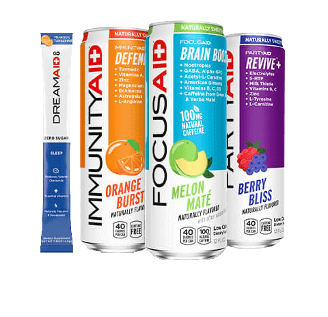 Cans of FOCUSAID, IMMUNITYAID, PARTYAID and DREAMAID Go Powder Packet