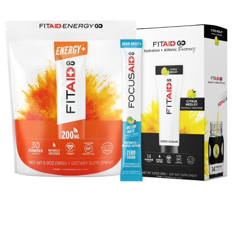 Image of FITAID Energy GO Mango Sorbet, FOCUSAID GO, and FITAID GO.