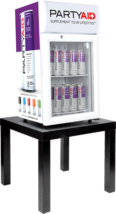 PARTYAID cans in a purple and white PARTYAID fridge, sitting on a black table