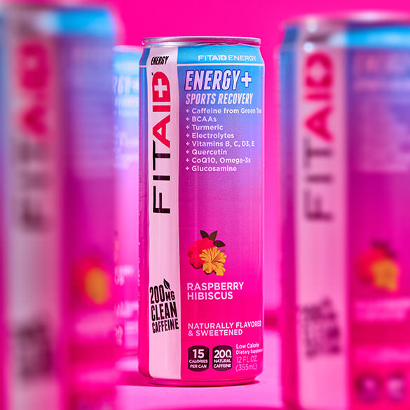 Several cans of FITAID Energy Raspberry Hibiscus.