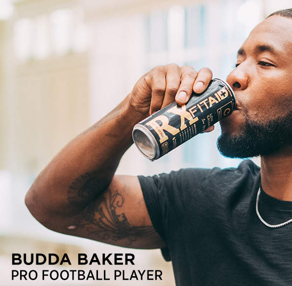 Budda Baker drinking a can of FITAID RX.