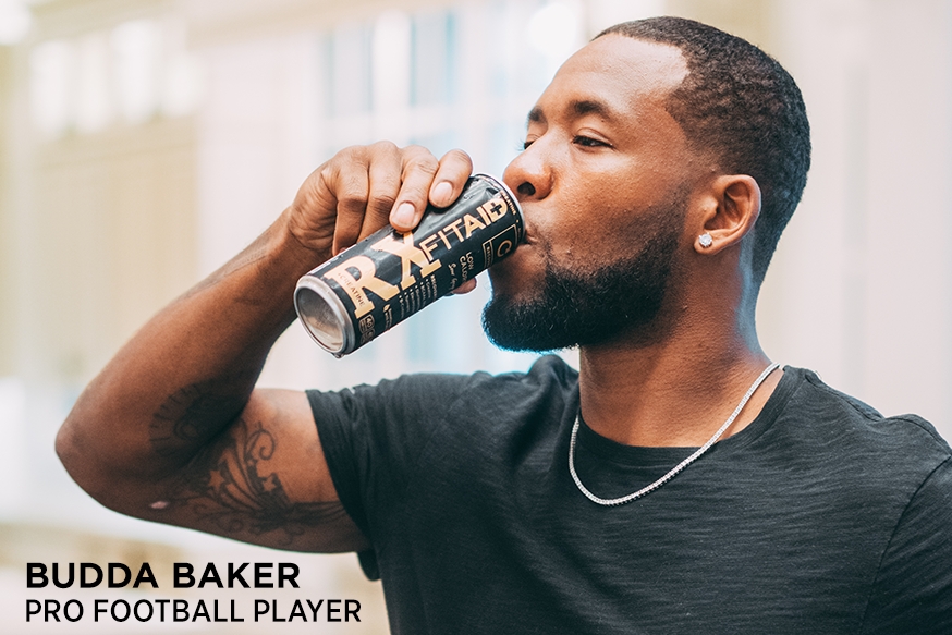Budda Baker drinking a can of FITAID RX.