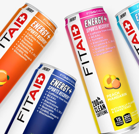 Cans of FITAID Energy Mango Sorbet, FITAID Energy Blackberry Pineapple, FITAID Energy Peach Mandarin, FITAID Energy Raspberry Hibiscus