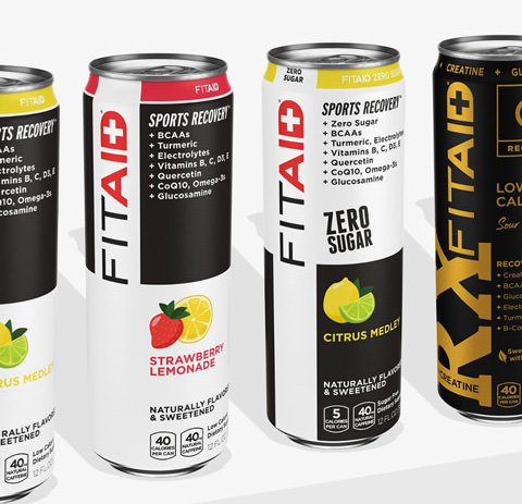 Cans of FITAID Citrus Medley, FITAID Strawberry Lemonade, FITAID Zero, FITAID RX