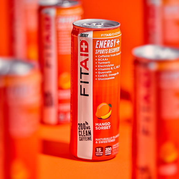 Several cans of FITAID Energy Mango Sorbet.