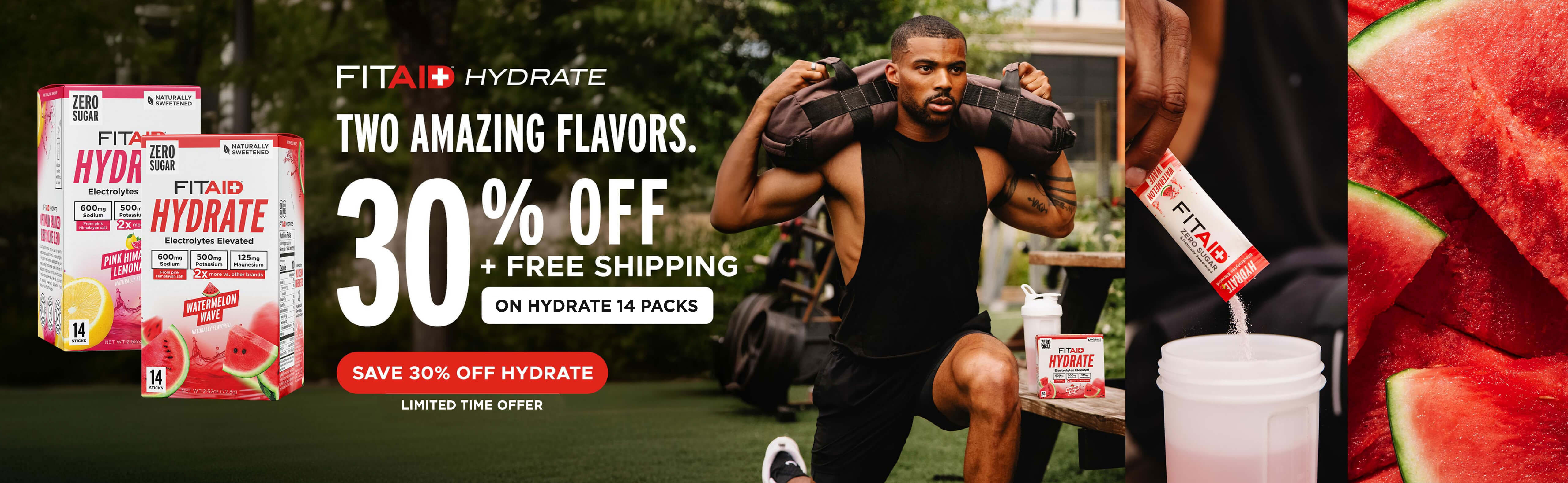 FITAID Hydrate two amazing flavors 30% off + free shipping on 14ct hydrate packs!