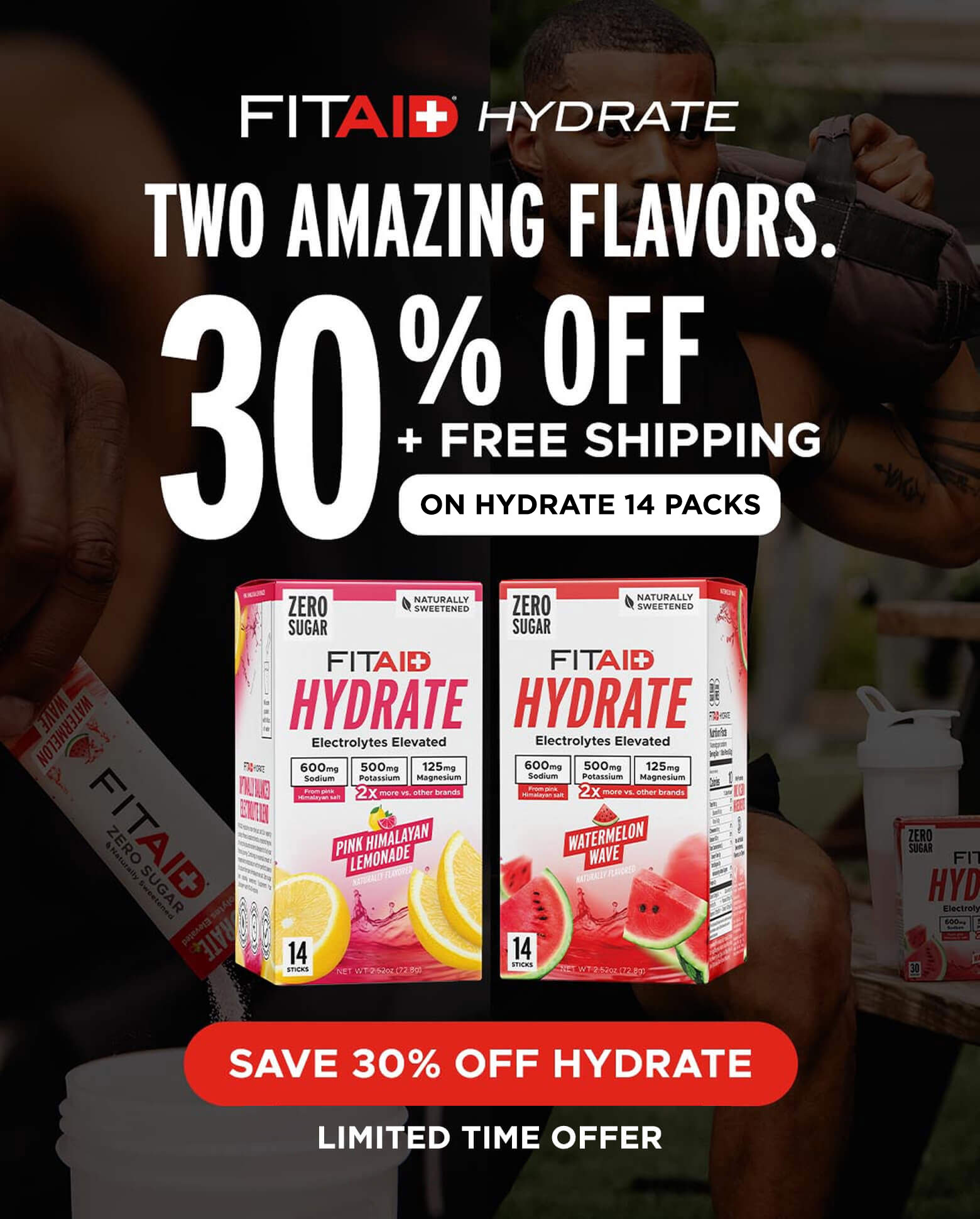 FITAID Hydrate two amazing flavors 30% off + free shipping on 14ct hydrate packs!